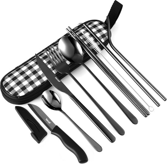 Cutlery Set 10 Pieces Stainless Steel Travel Cutlery Set, Black Camping Cutlery Bag for Travel, Outdoor Cutlery Set, Dishwasher Safe Knife, Fork and Spoon Set (Black)