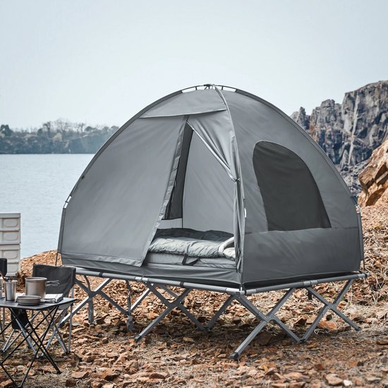 DailyDamaar tent - Kampeerbed - Kampeertent - Campingtent - 2-persoons - Met slaapzak en luchtbed - 193x145x188 cm - Metaal - Polyester - Grijs