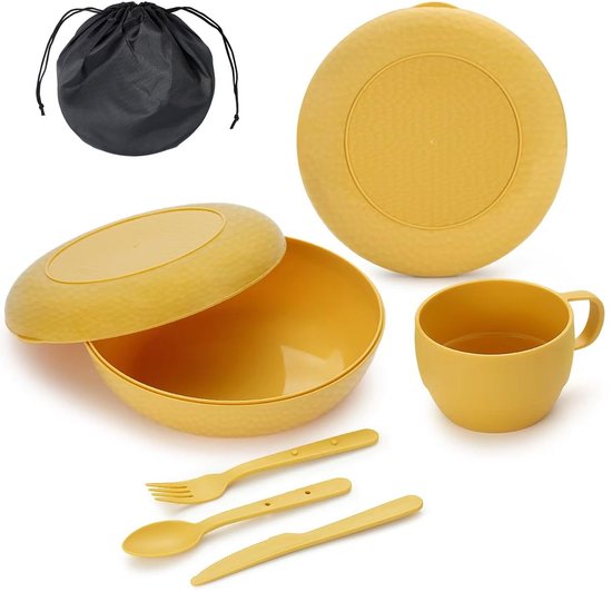 Dailygoods - Berglander Camping Mess Kit met Kom, Bord, Beker, Lepel, Vork, Mes en Draagtas, Kunststof Camping Accessoires Essentials Uitrusting voor Reizen, Picknick, Buiten, Makkelijk te Dragen Schoon te Maken