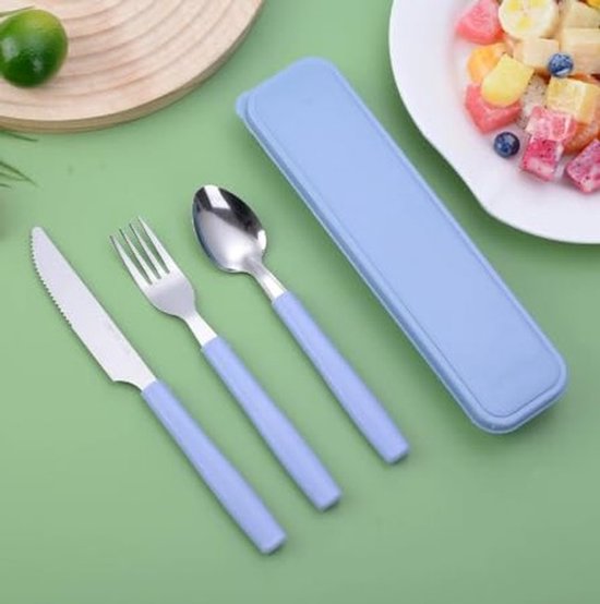 Dailygoods- Bestekset 2-delig Roestvrij Staal - Campingbestek - Reisbestek - Herbruikbaar - Vork/Lepel/Mes - Blauw/Roze