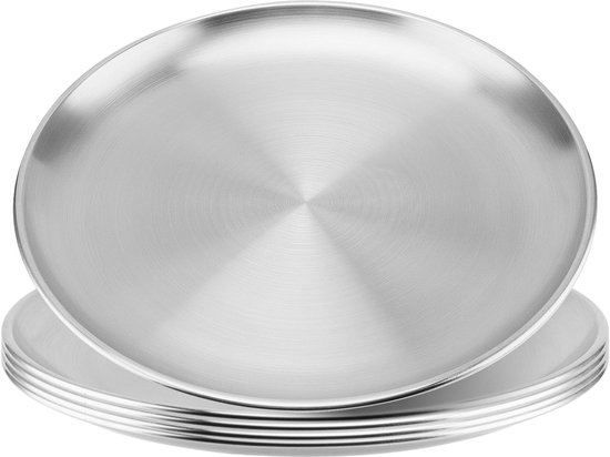 Dailygoods- Borden 26 cm - Bordenset 5 stuks - Roestvrij staal - Ronde Bakplaat - Antislip Onderkant - Stapelbaar Design - Bakplaten