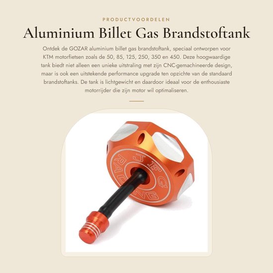 Dailygoods- Brandstoftank Lichtgewicht - Aluminium - CNC-gemachineerd - Voor KTM 50/85/125/250/350/400/450/525 - Eenvoudig te installeren - Oranje kleur - Gaskap
