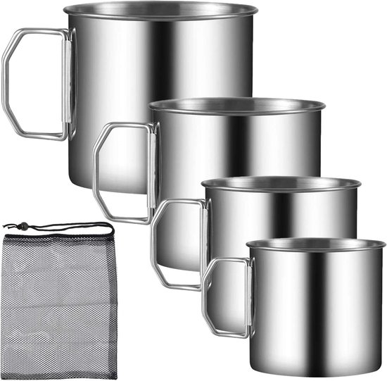 Dailygoods- Campingbeker 4 stuks - Roestvrijstalen Bekers - Inklapbare Handgrepen - 760 ml / 550 ml - Antislip Onderkant - Ruimtebesparend Design - Mok