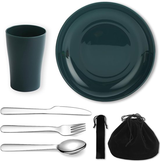 Dailygoods- Campingbestekset 5-delig - Herbruikbare Mok/Bord - Roestvrij Stalen Bestek - Lichtgewicht - Vaatwasmachinebestendig - Voor 1-persoons Kamperen - Kampeerset