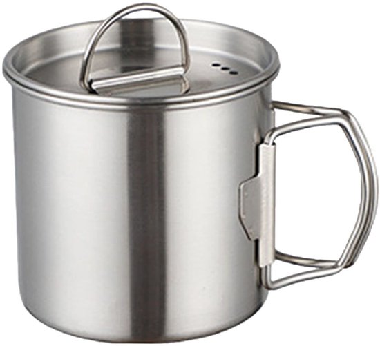 Dailygoods- Campingcup RVS 500ml - Opvouwbare Handgreep - Deksel/Schaal - Voor Buiten/Kamperen - Wandelen/Backpacken - Ruimtebesparend - Kampeermok