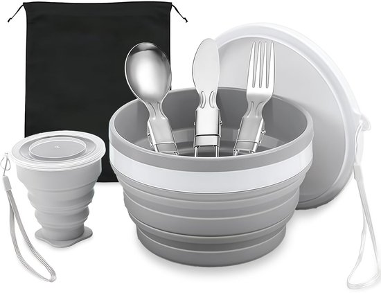 Dailygoods- Campingservies 6-delig - Roestvrijstalen Bestekset - Beker - Kom - Bord - Compact en Opvouwbaar - Kampeeruitrusting
