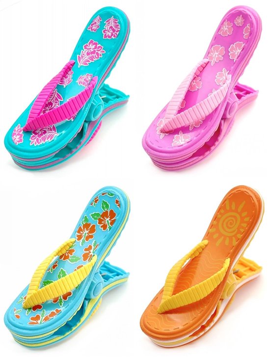Dailygoods- Handdoekklemmen - 4 x Grote Strandhanddoekklemmen - Flip-Flop-Stijl - Geschikt voor Zonneligstoelen - Robuust en Sterk - Max. 5,6 cm Opening - Strandklemmen