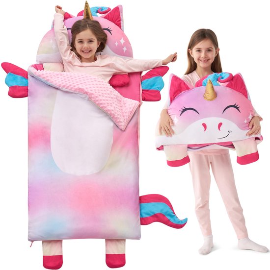 Dailygoods - Kleurrijke Eenhoorn Slaapzak - 152 x 68 cm - Met Kussen en Deken - Voor Kinderen