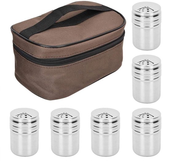 Dailygoods- Kruidencontainer 6 Stuks - Specerijen Shaker - Kruidenpotjes met Opbergzak - Roestvrij Staal - Oxford-Stof - Lichtgewicht 426 g