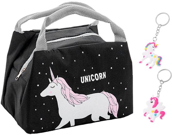 Dailygoods- Lunchtas Eenhoorn - Schoollunchtas - Picknicktas - Koeltas - Zwart - Duurzaam Polyester - Inclusief Hanger