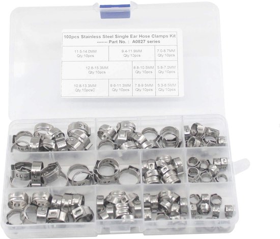 Dailygoods- Slangenklemmen Set 100 Stuks - 304 Roestvrij Staal - Waterdicht - Corrosiebestendig - 10 Verschillende Maten - Praktisch en Duurzaam - Slangenklemset