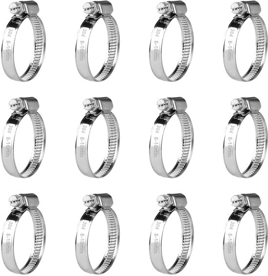 Dailygoods- Slangenklemmen Set 12pcs - RVS Slangklemmen - Verstelbaar 8-16mm - Corrosiebestendig - Antislip - Gemakkelijk te Installeren - Slangklem
