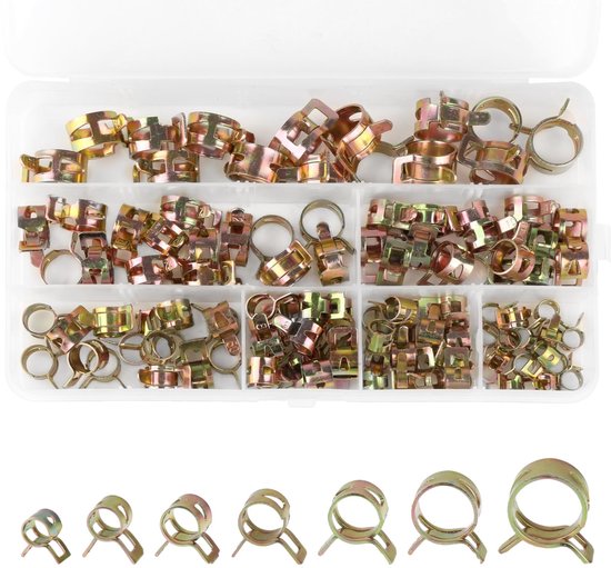 Dailygoods- Slangklemmen Assortiment 105 Stuks - Slangklemmen RVS - Veerklemmen - Slang Bevestiging - Benzineslang Klemmen - Maten 6/7/8/9/10/12/14 mm