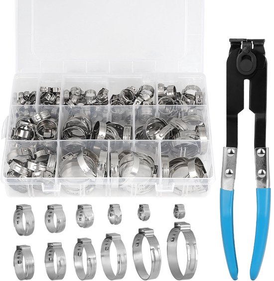 Dailygoods- Slangklemmen Set 150 Stuks - Roestvrij Staal 304 - 12 Maten - 5,8-33,1 mm - Afdichting - Tang voor Installatie - Buisklemmen