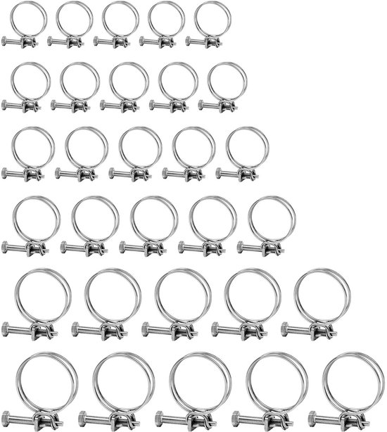 Dailygoods- Slangklemmen Set 30 Stuks - Dubbeldraadslangklemmen - Roestvrij Staal - Maten 14-17/16-19/21-25/28-32/32-36/36-40 mm - Ideaal voor Reparaties - Corrosiebestendig - Buisklemmen