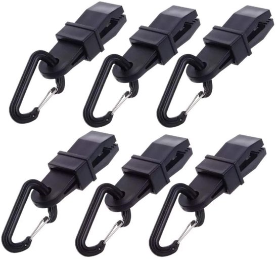 Dailygoods- Tentclips D-vormig - Grote Zeildoekclips - 6 Stuks - Schuifstangvergrendeling - Zwart - Afmetingen 80x30x20 mm