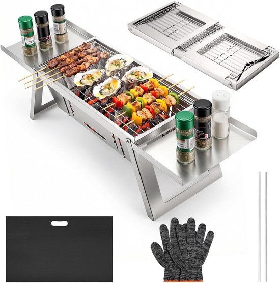 Daity 1-delige set — Alles-in-één roestvrijstalen barbecuegrill — Opvouwbare houtskoolgrill voor buiten met rubberen frame — Compacte, draagbare, snel opvouwbare houtskoolgrill voor thuis