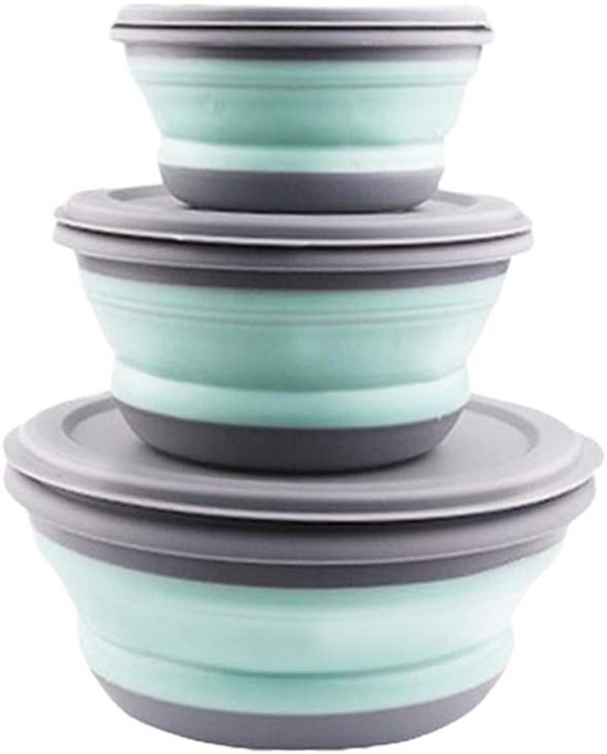 Daity Opvouwbare kommen met deksel - set van 3 - opvouwbare kommen voor kamperen - draagbare saladekommen - voedselbewaardozen - ronde voedselbewaardozen voor kamperen - wandelen - keuken - school - buiten (groen)