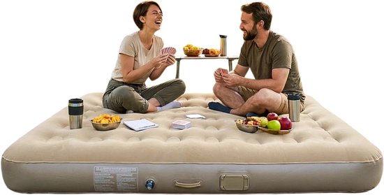 Damenzo - Opblaasbed - Luchtbed - Luchtbed met ingebouwde pomp - Luchtbed 2 persoons - LED verlichting - 200x150x25 cm - Beige