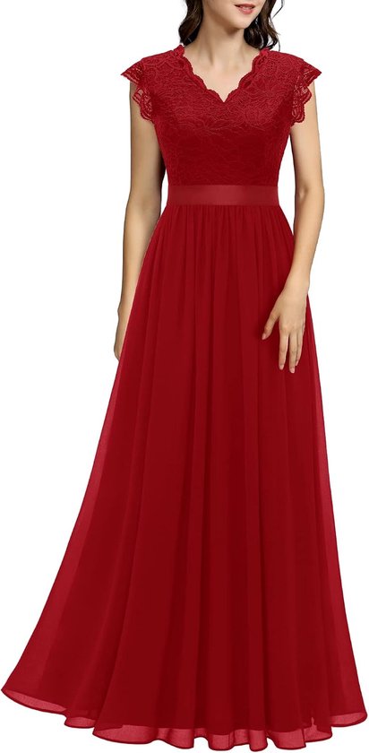 Dames baljurk maxi lange avondjurken elegant voor bruiloft kant cocktailjurk, Band_rood, L