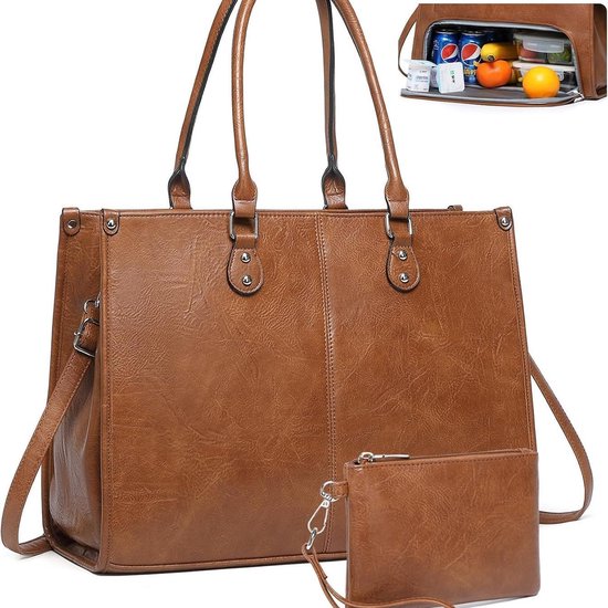 Dames laptoptas – lunchtas - lunchtas dames - Met geïsoleerd lunchvak – 2-in-1 draagtas – Werkstas van PU-leer – Geschikt voor 15,6-inch laptops – Grote inhoud, forenzentas met meerdere vakken