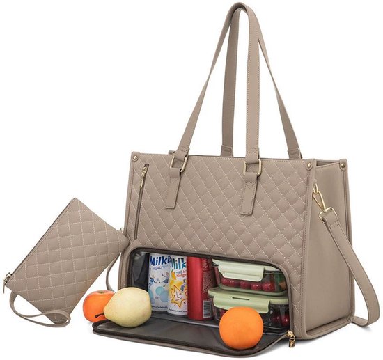 Dames lunchtas - Handtas met geïsoleerd vak - 2-in-1 lunchtas - Geschikt voor reizen, school en kantoor - Khaki van Merkloos