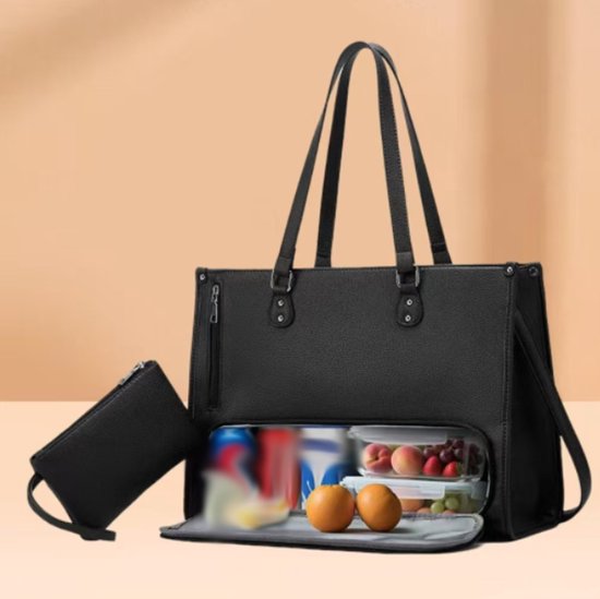 Dames lunchtas, laptoptas met lekvrij lunchboxvak, waterdichte laptoptas met grote capaciteit en portemonnee, geschikt voor dagelijks gebruik, kantoor, picknicks, werk en vrijetijdskleding, zwart. van Merkloos