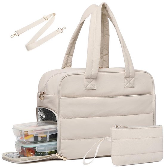Dames lunchtas voor op het werk, laptoptas voor 17,3 inch laptops, met geïsoleerd lunchvak en portemonneetje (beige) van Lovevook