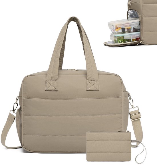 Dames lunchtas voor op het werk, laptoptas voor 17,3 inch laptops met geïsoleerd lunchvak en portemonneetje (bruin) van Merkloos