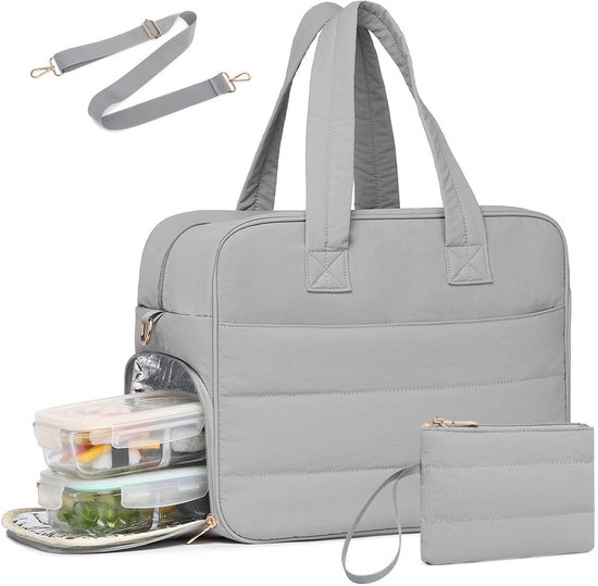 Dames lunchtas voor op het werk, laptoptas voor 17,3 inch laptops met geïsoleerd lunchvak en portemonneetje (grijs) van Merkloos
