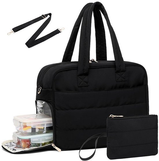 Dames lunchtas voor op het werk, laptoptas voor 17,3-inch laptops met geïsoleerd lunchvak en portemonneetje (zwart) van Lovevook