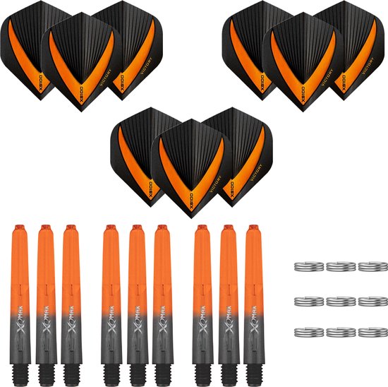 Darts Set - Maxgrip – 3 sets - darts shafts - zwart-oranje - inbetween – en 3 sets – Vista-X – darts flights - Cadeau van Shot!