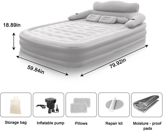 DayeLabel Luchtbed 2 persoons - Ingebouwde pomp - Campingmatras - Automatisch opblaasbaar - Incl. Luchtkussens - 152x203x48cm