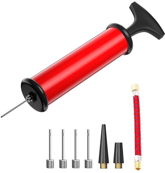 De ballenpomp wordt geleverd met 4 balpompnaalden- 2 mondstukken en 1 slang- geschikt voor voetballen- rugbyballen- volleybalballen- basketballen- handballen- ballonnen- zwemringen en andere opblaasbare ballen - rood van Merkloos