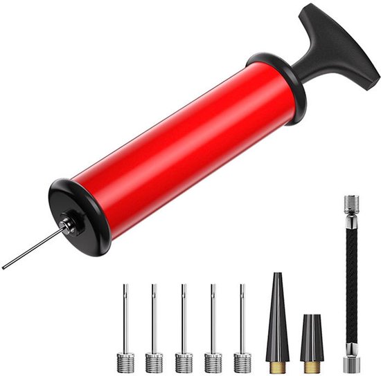 De ballenpomp wordt geleverd met 5 balpompnaalden- 2 mondstukken en 1 slang- Geschikt voor voetballen- rugbyballen- volleybalballen- basketballen- handballen- ballonnen- zwemringen en andere opblaasbare ballen- Rood van Avento