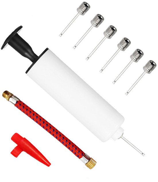 De ballenpomp wordt geleverd met 6 balpompnaalden- 1 mondstuk en 1 slang- Geschikt voor voetballen- rugbyballen- volleybalballen- basketballen- handballen- ballonnen- zwemringen en andere opblaasbare ballen- Wit van MATCHU SPORTS