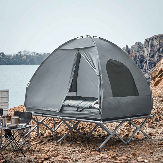 De Warenloods - 4-in-1 Kampeertent - Kampeer tent 2 persoons - Verhoogd Veldbed - Inclusief luchtbed, slaapzakken, pomp en accessoires - 1000 mm waterdicht - Grijs - 193x145x142cm van Merkloos