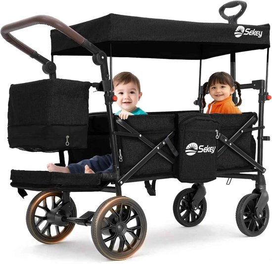 De Warenloods - Bolderkar Opvouwbaar - Luchtbanden - Met dak - Bolderwagen met Duwstang - Handkar - XXL PU-wielen - Incl. veiligheidsgordel - Tot 150 kg - Zwart van Merkloos