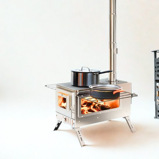 De Warenloods - Draagbare Houtkachel - Tent Kachel - Roestvrijstaal - Camping Kooktoestel - Camping Keuken - Met Schoorsteenpijp - 31x40x211cm van Merkloos