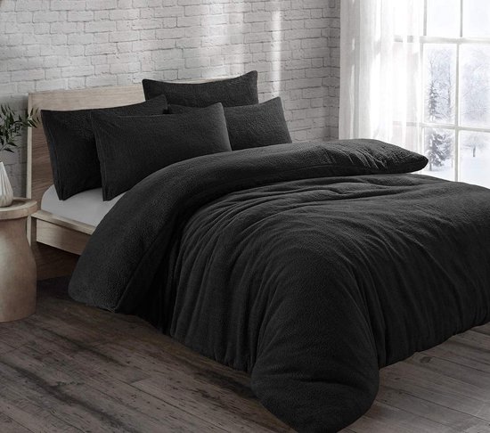 Decoware® Teddy fleece dekbedovertrek - Zwart - 140x220 + 60x70 cm van Decoware