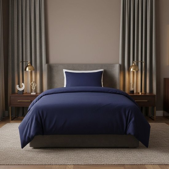 Dekbedovertrek 140 x 200 - Katoen - Satijn gestreept - Hotel - Blauw van Merkloos