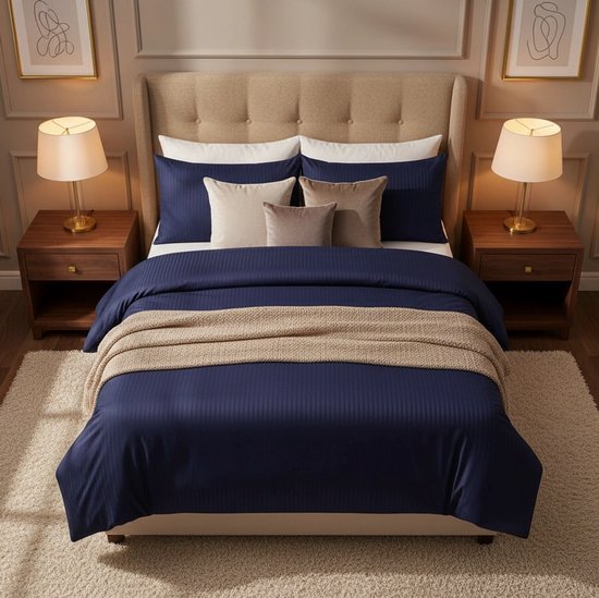 Dekbedovertrek 240x220 - Katoen - Satijn gestreept - Hotel - Blauw van Merkloos