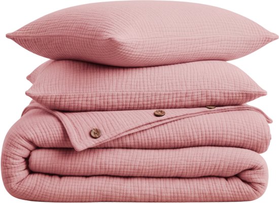 Dekbedovertrek, 4-laags Mousseline, 100% Katoen, Tweepersoons, 200x220 cm, Inclusief Hoeslaken & 2 stuks Kussenslopen 60x70 cm, Roze, Knoppen van Kokosnoot, Ademend & Comfortabel, Dekbedovertrekset, Hoge Kwaliteit, Dekbedovertrekken, De Linde Home van Merkloos