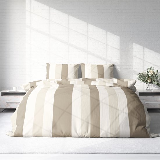 Dekbedovertrek Flanel - Winter - 240 x 220 cm - Lits-Jumeaux - Lines Beige van Merkloos