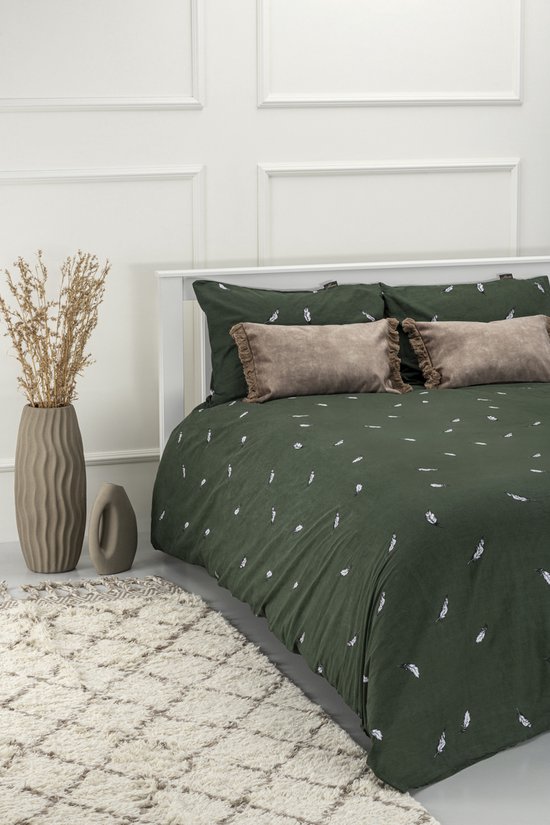 Dekbedovertrek met klittenband - groen dekbedovertrek - 100% katoen - dekbedovertrek met kussensloop - 200 x 220 cm + 20 cm Instopstrook - Totale Lengte 200x240 - tweepersoons dekbedovertrek - wit