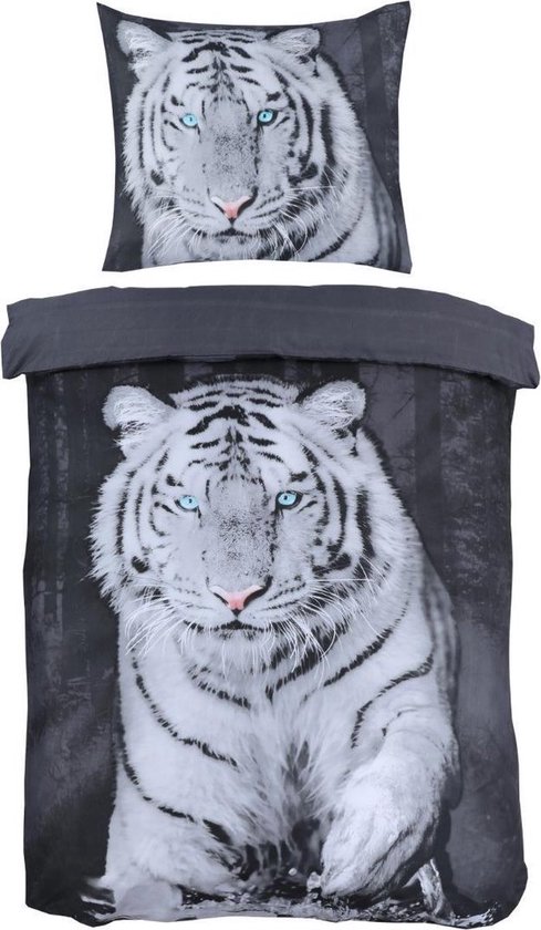 Dekbedovertrek Zwart- Wit- Tijger  1-Persoons -140 x 220-cm + 1 kussensloop 60x70cm van Merkloos