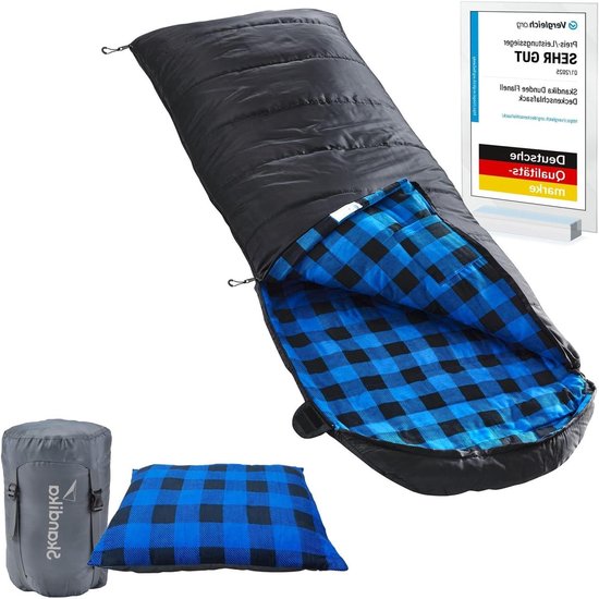 Dekenslaapzak - Dubbele slaapzak Koppelbare slaapzak - Kamperen en outdoor - Katoen flanel voering - 220 x 80 cm - Zwart/blauw