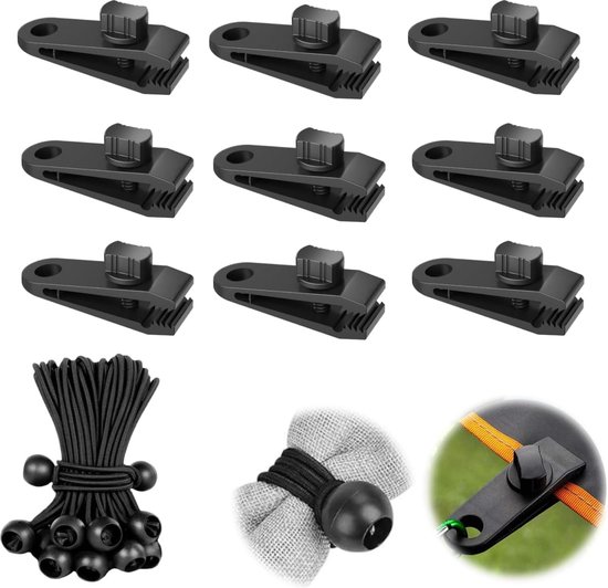 Dekzeilclips 10 Stuks - Tentclip Luifelclip - Campingluifelclip - Met 10 Spanelastiek - Tentspanners Met Bal - Zeilklemmen - Dekzeilclip Dekzeilclip - Outdoor Activiteitenclip Luifel - Klemmen Voor Bootzeil/Zeil/Spandoeken - Zwart - Profi van ProPlus