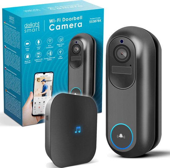 Delight Video Deurbel met Camera En Wifi - Intercom – Full HD 1080p – 5 tot 8 maanden batterijduur! - Bewegingsdetectie En Nachtzicht - Deurbellen met Camera - 55387BK van Delight