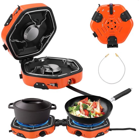Deliqa camping draagbare kooktoestel - camping gasfornuis - 2 pitten - draagbare BBQ / grill - picknicken - 20 cm pannen van Merkloos